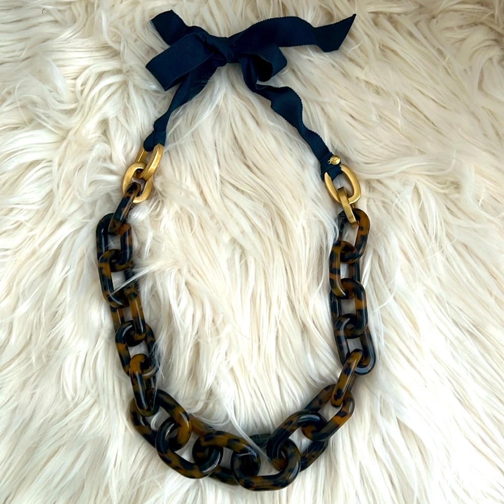 JCREW, tortoise chain style necklace with dark teal ribbon, adjustable length..
